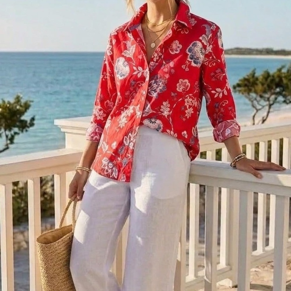 Talbots Red Floral Button Down Shirt Size Petite 2 Coastal Cape Cod Preppy